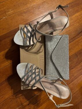 De Blossom Collection Silver Glitter Strappy Heels with Matching Clutch